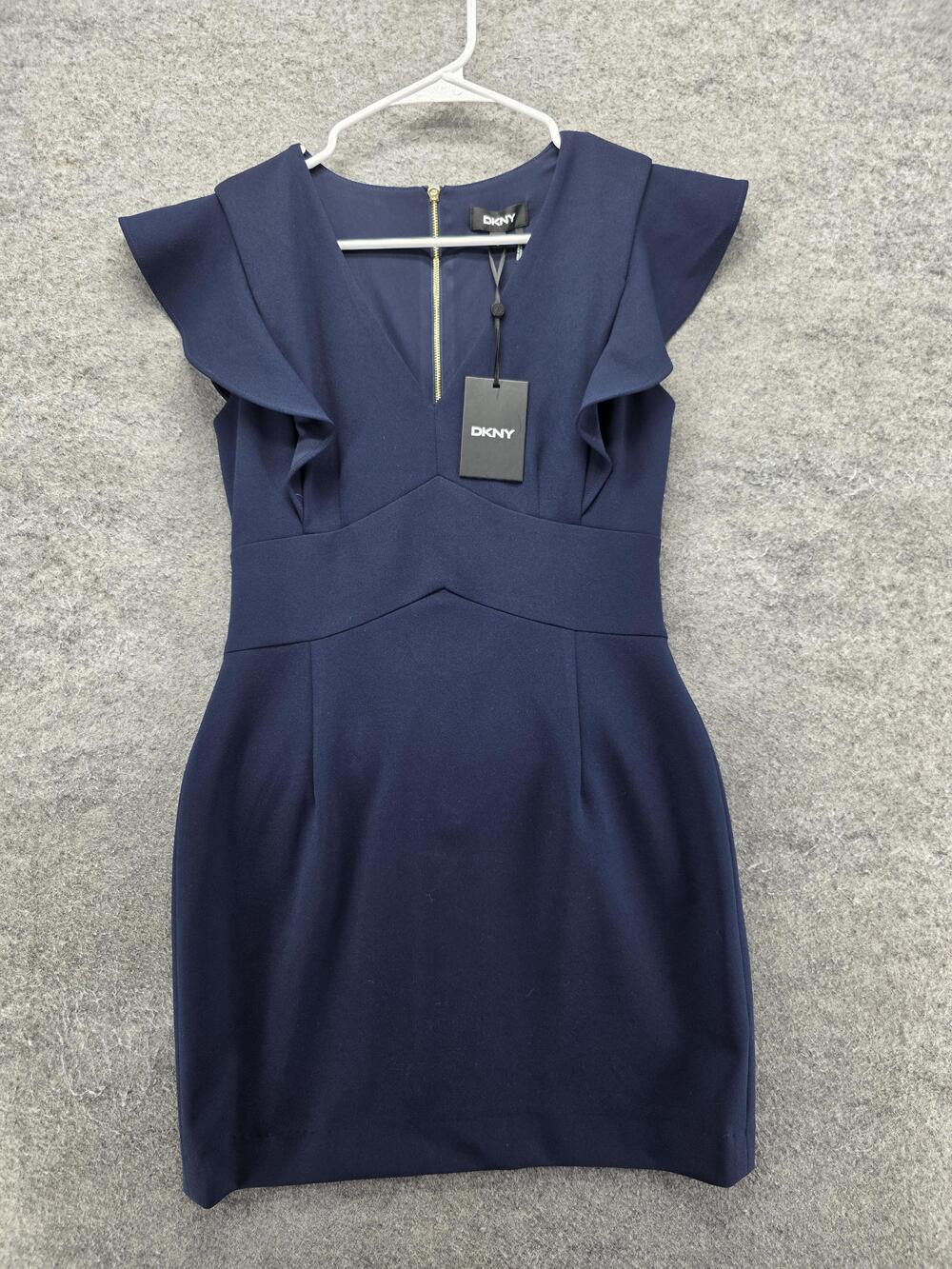 DKNY Dress Womens 4 Blue Sheath Pencil V-Neck Ruffle Lined Zip Workwear